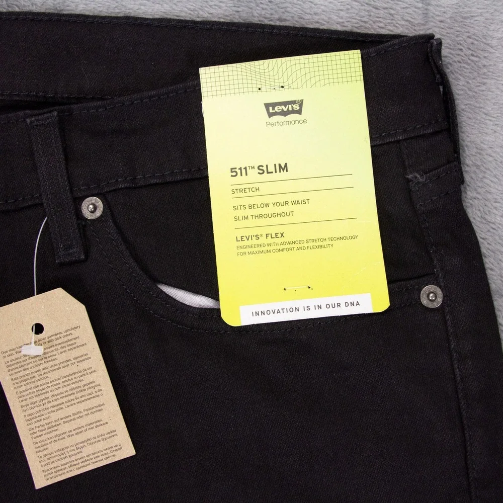 NWT Levis 511 Slim Fit Flex Mens Black Stretch Denim Jeans 36x32 04511-5345